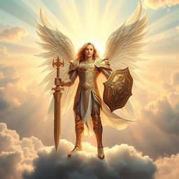 A majestic archangel standing on a cloud, radiating divine light