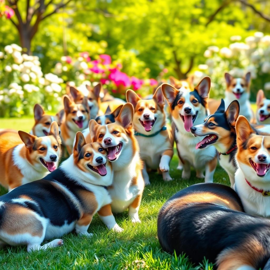 A group of playful, cheerful corgis gathered in a sunny park, their fur shining brightly in the sunlight