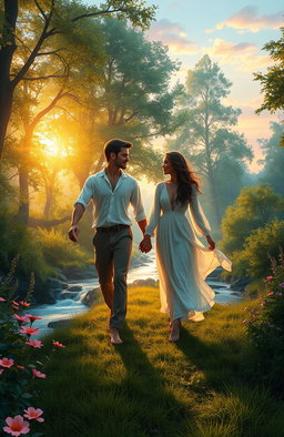 A visually stunning depiction of a couple walking hand-in-hand through a magical forest, symbolizing their true love and spiritual journey together