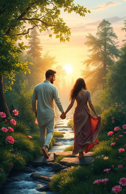 A visually stunning depiction of a couple walking hand-in-hand through a magical forest, symbolizing their true love and spiritual journey together