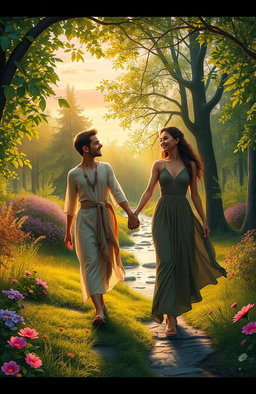 A visually stunning depiction of a couple walking hand-in-hand through a magical forest, symbolizing their true love and spiritual journey together