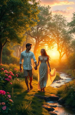 A visually stunning depiction of a couple walking hand-in-hand through a magical forest, symbolizing their true love and spiritual journey together