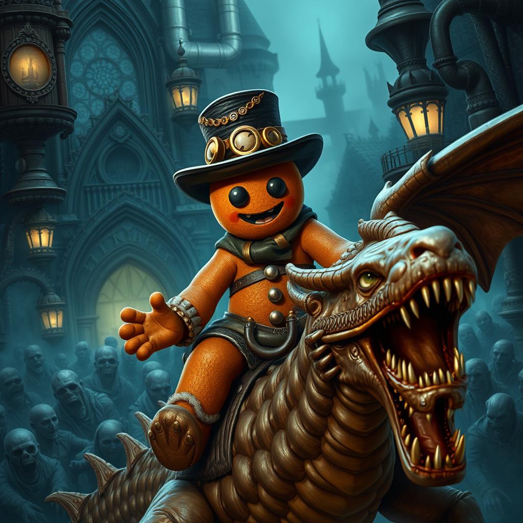 A badass gingerbread man wearing a steampunk hat, riding on a zombie dragon in a fantastical medieval steampunk world