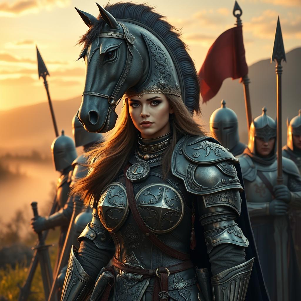 A majestic scene featuring a French guild leader adorned in ornate armor, complete with intricate detailing and a regal look