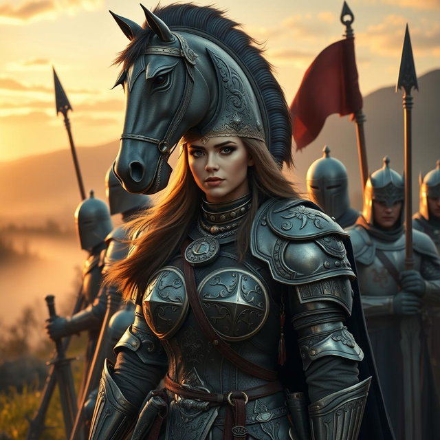 A majestic scene featuring a French guild leader adorned in ornate armor, complete with intricate detailing and a regal look