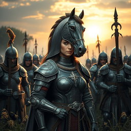 A majestic scene featuring a French guild leader adorned in ornate armor, complete with intricate detailing and a regal look