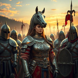 A majestic scene featuring a French guild leader adorned in ornate armor, complete with intricate detailing and a regal look
