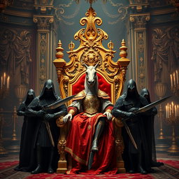 A majestic royal throne in vibrant French colors, featuring intricate gold details and lush fabrics