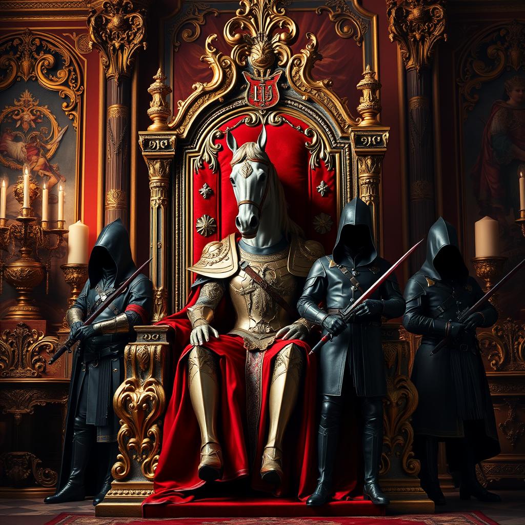 A majestic royal throne in vibrant French colors, featuring intricate gold details and lush fabrics