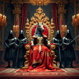 A majestic royal throne in vibrant French colors, featuring intricate gold details and lush fabrics