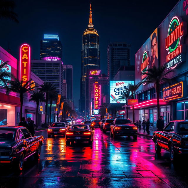 A vibrant night scene in Los Angeles, featuring neon lights in a retro futuristic style
