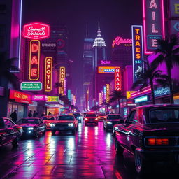 A vibrant night scene in Los Angeles, featuring neon lights in a retro futuristic style
