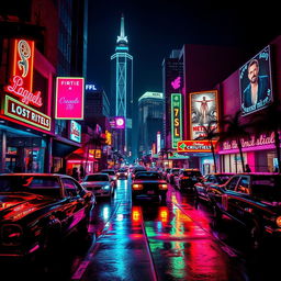 A vibrant night scene in Los Angeles, featuring neon lights in a retro futuristic style