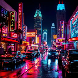 A vibrant night scene in Los Angeles, featuring neon lights in a retro futuristic style