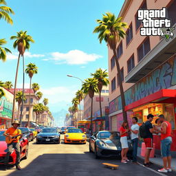 A detailed and vibrant scene inspired by Grand Theft Auto V, showcasing a bustling urban street in Los Santos during the day