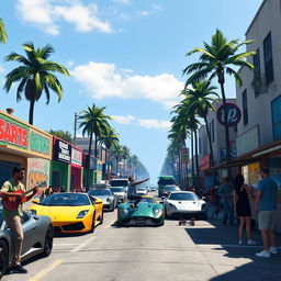 A detailed and vibrant scene inspired by Grand Theft Auto V, showcasing a bustling urban street in Los Santos during the day