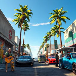 A detailed and vibrant scene inspired by Grand Theft Auto V, showcasing a bustling urban street in Los Santos during the day