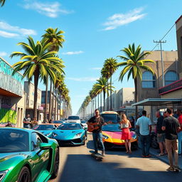 A detailed and vibrant scene inspired by Grand Theft Auto V, showcasing a bustling urban street in Los Santos during the day