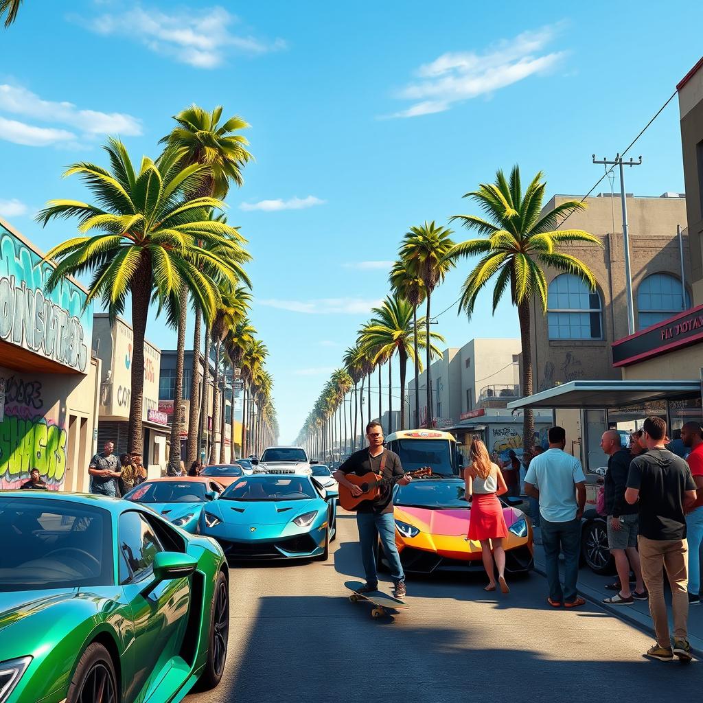 A detailed and vibrant scene inspired by Grand Theft Auto V, showcasing a bustling urban street in Los Santos during the day