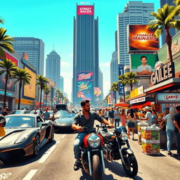 A dynamic scene inspired by Grand Theft Auto V, set in the vibrant city of Los Santos