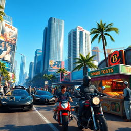 A dynamic scene inspired by Grand Theft Auto V, set in the vibrant city of Los Santos