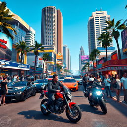 A dynamic scene inspired by Grand Theft Auto V, set in the vibrant city of Los Santos