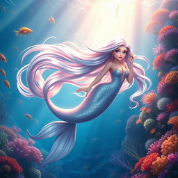 A beautifully detailed animated scene featuring a stunning mermaid with long flowing hair, swimming gracefully through a vibrant underwater world