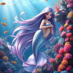 A beautifully detailed animated scene featuring a stunning mermaid with long flowing hair, swimming gracefully through a vibrant underwater world