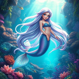 A beautifully detailed animated scene featuring a stunning mermaid with long flowing hair, swimming gracefully through a vibrant underwater world