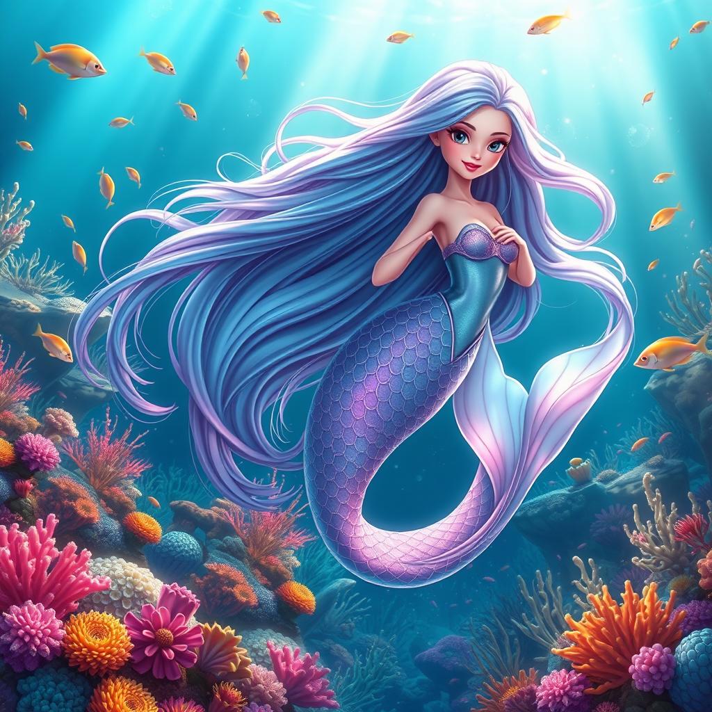 A beautifully detailed animated scene featuring a stunning mermaid with long flowing hair, swimming gracefully through a vibrant underwater world