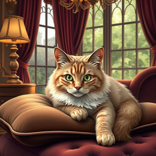 A stylized representation of a luxurious and elegant cat lounging on a plush velvet cushion, with captivating green eyes and a soft, fluffy coat
