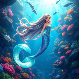 A vibrant and enchanting animation of a long-haired mermaid swimming gracefully through a lush underwater landscape