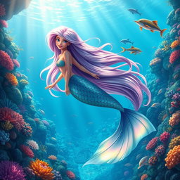 A vibrant and enchanting animation of a long-haired mermaid swimming gracefully through a lush underwater landscape