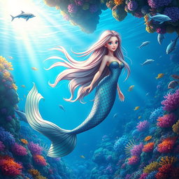 A vibrant and enchanting animation of a long-haired mermaid swimming gracefully through a lush underwater landscape