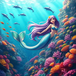 A vibrant and enchanting animation of a long-haired mermaid swimming gracefully through a lush underwater landscape