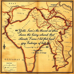 An intricately designed vintage map of Gujarat, India, showcasing detailed geographical features and landmarks