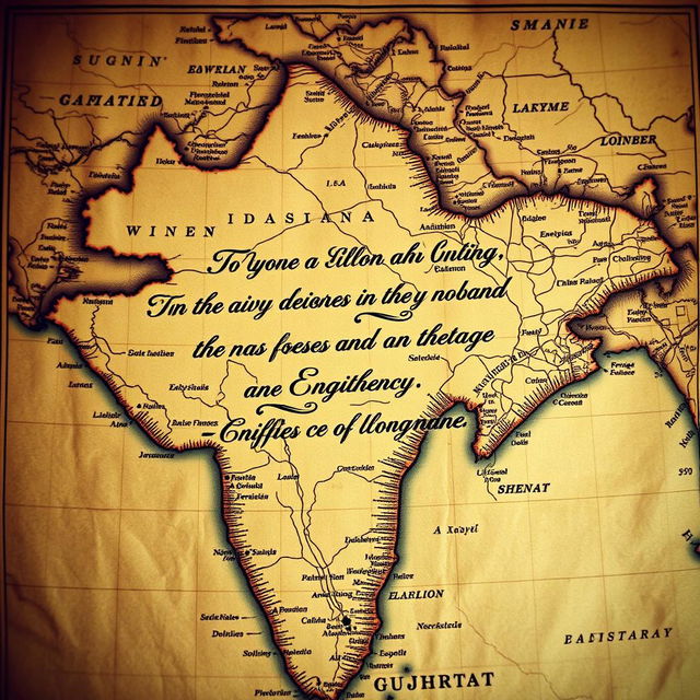 An intricately designed vintage map of Gujarat, India, showcasing detailed geographical features and landmarks