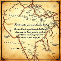 An intricately designed vintage map of Gujarat, India, showcasing detailed geographical features and landmarks