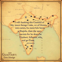 A beautifully crafted map of Gujarat, India, featuring rich topographical details and historical landmarks, with an overlay of an intriguing spy quote in English