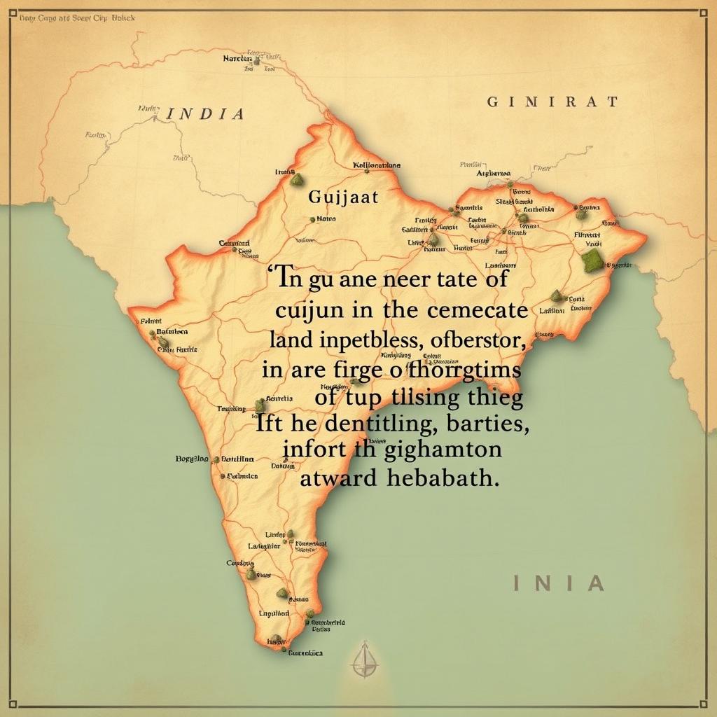 A beautifully crafted map of Gujarat, India, featuring rich topographical details and historical landmarks, with an overlay of an intriguing spy quote in English