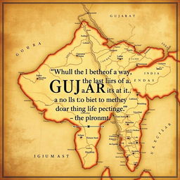 A beautifully crafted map of Gujarat, India, featuring rich topographical details and historical landmarks, with an overlay of an intriguing spy quote in English