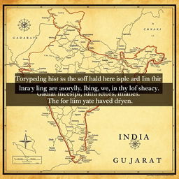 A beautifully crafted map of Gujarat, India, featuring rich topographical details and historical landmarks, with an overlay of an intriguing spy quote in English