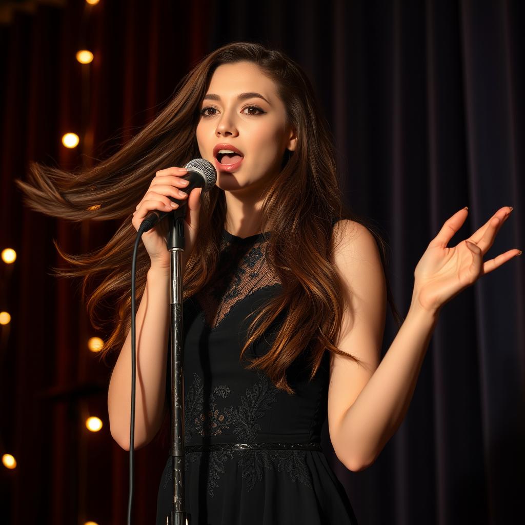 A young woman with flowing long brown hair and expressive features, passionately singing into a vintage microphone on a dimly lit stage