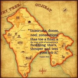 A detailed vintage-style map of Gujarat, India, featuring prominent geographical landmarks and cultural icons