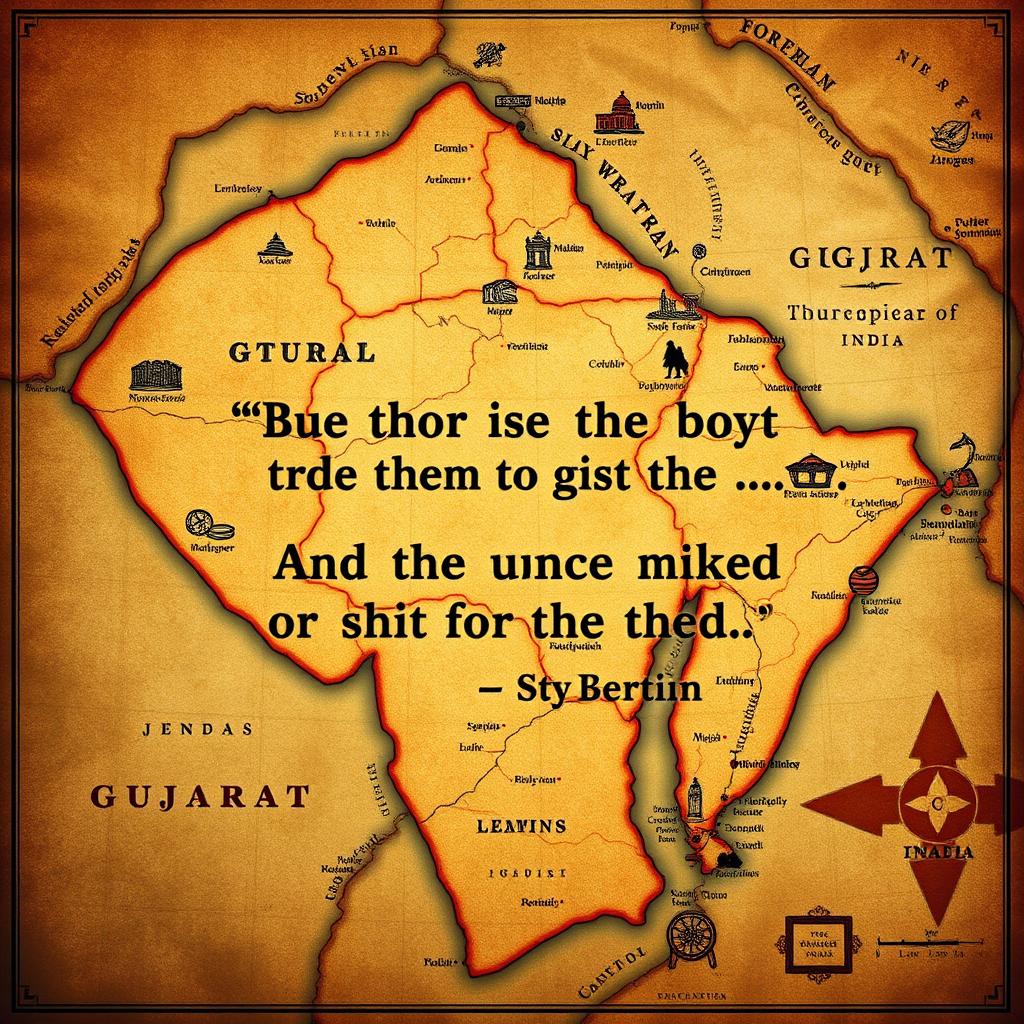 A detailed vintage-style map of Gujarat, India, featuring prominent geographical landmarks and cultural icons