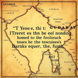 A detailed vintage-style map of Gujarat, India, featuring prominent geographical landmarks and cultural icons