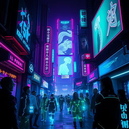 A futuristic cyberpunk scene featuring glowing neon elements in dark surroundings