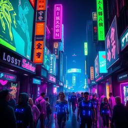 A futuristic cyberpunk scene featuring glowing neon elements in dark surroundings