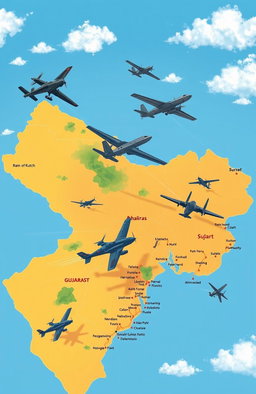 A detailed illustration of the Gujarat map showcasing various spy crafts, including stealth drones and reconnaissance aircraft