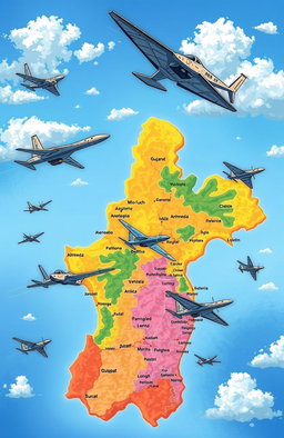 A detailed illustration of the Gujarat map showcasing various spy crafts, including stealth drones and reconnaissance aircraft